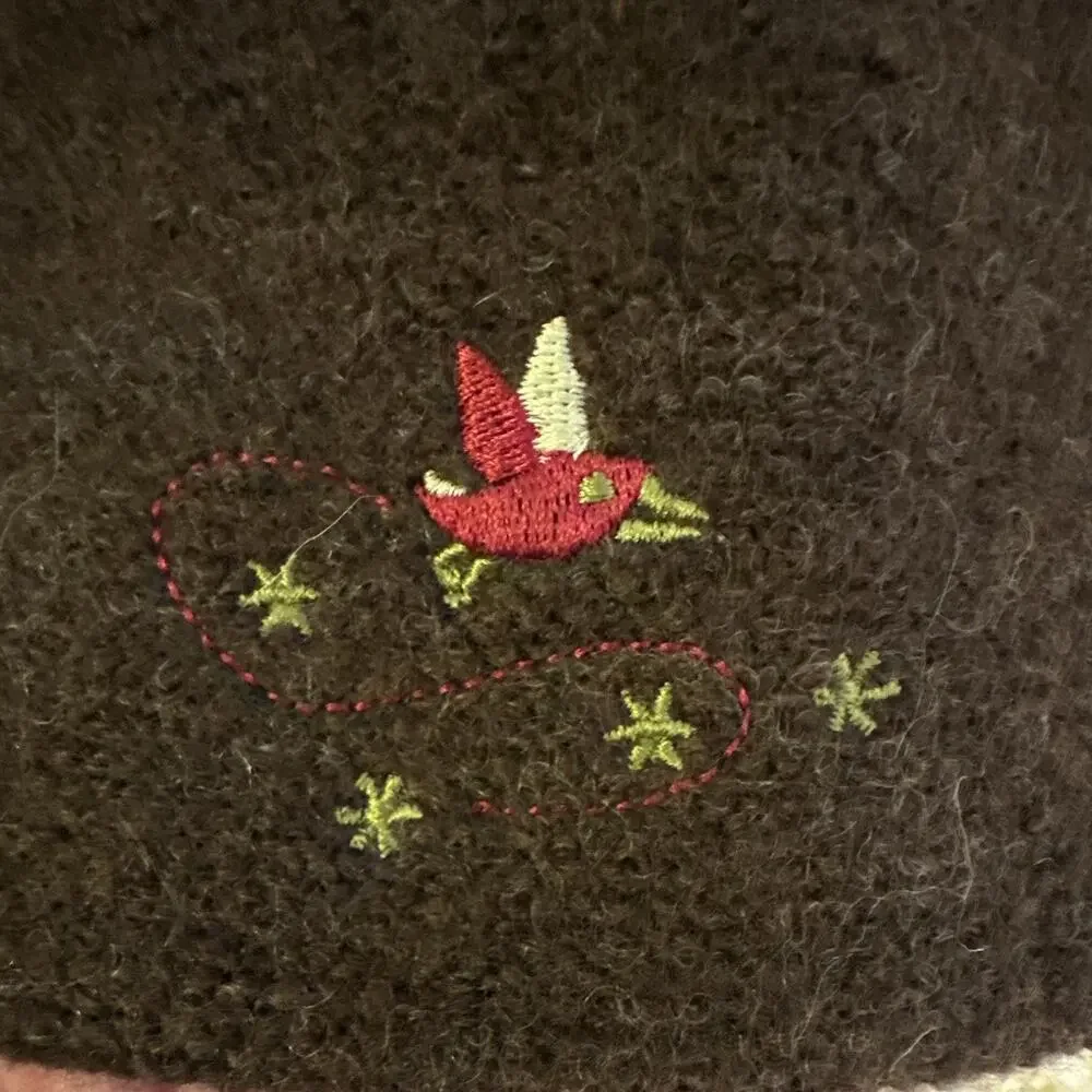 Pistil Brown Wool Beanie Hat Lined Size M Womens Embroidered Bird 100% Wool